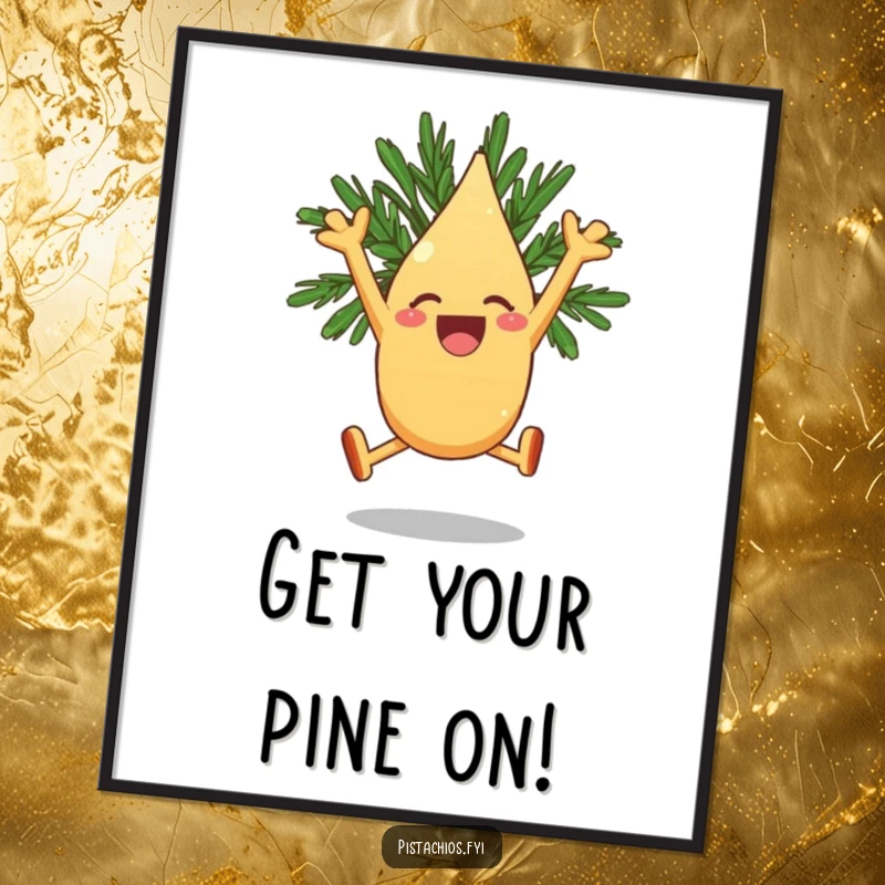Funny Free Printable Wall Art: Joyous pine nut character captured mid-leap, radiating pure excitement and happiness.
