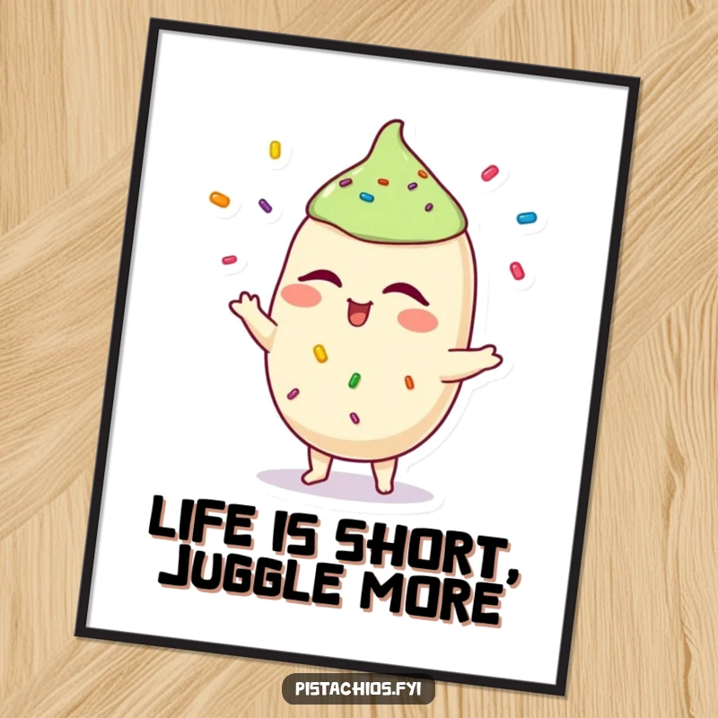 Funny Free Printable Pistachio Wall Art featuring a winking pistachio character skillfully juggling colorful sprinkles, adding whimsy.
