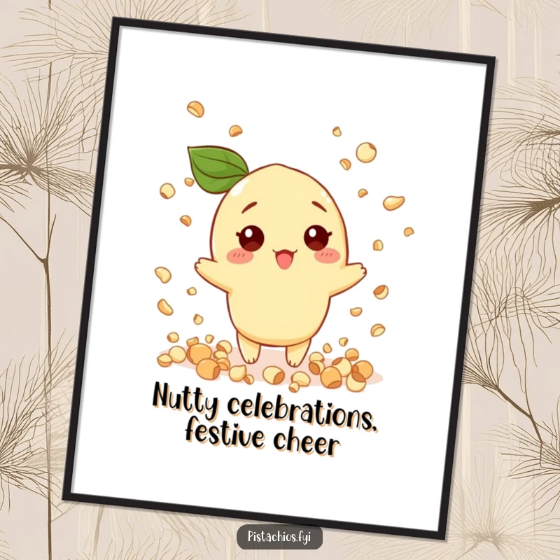 Funny Free Printable Wall Art: A pistachio character throws a festive shower of confetti shaped like little nuts.