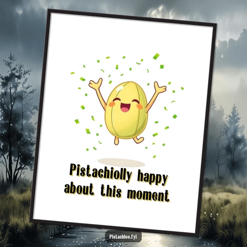 Funny Free Printable wall art of a cheerful pistachio nut leaping with joy, surrounded by a shower of green confetti.