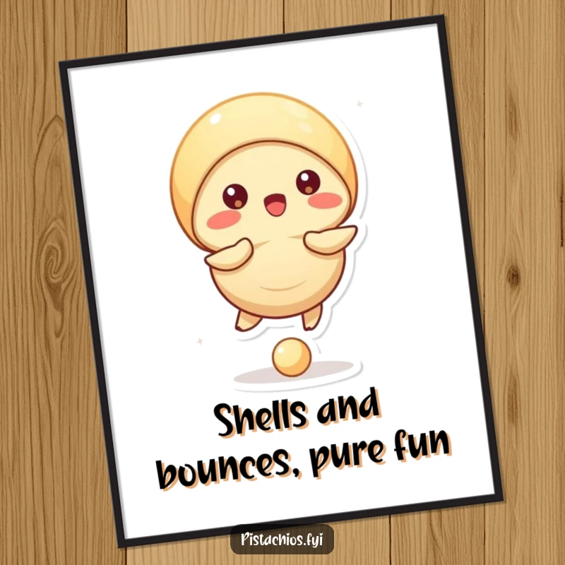 Funny Free Printable Wall Art: A pistachio character energetically bounces a tiny ball with its shell, playful decor.