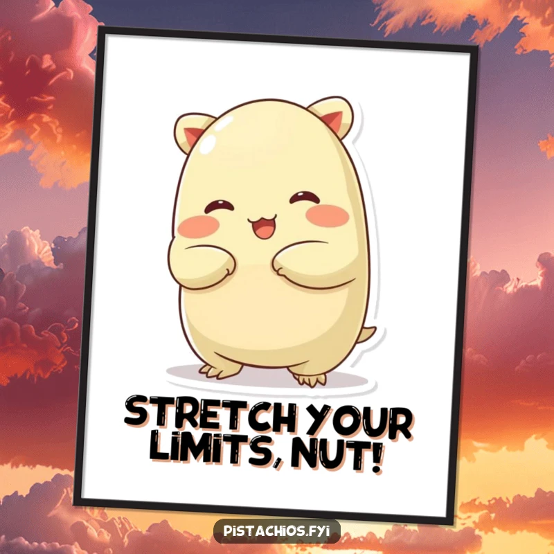 Funny Free Printable Wall Art: A chubby pistachio character caught in a humorous, silly stretch, bringing a playful vibe to any room.