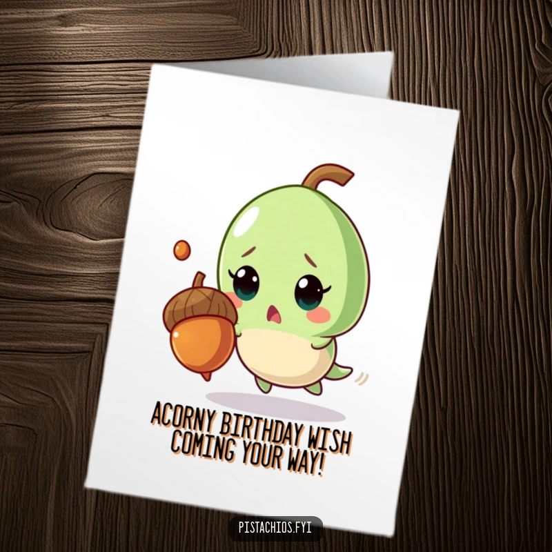 Funny Free Printable Birthday Card: A startled pistachio character narrowly dodges a falling acorn, making for a hilarious DIY greeting.