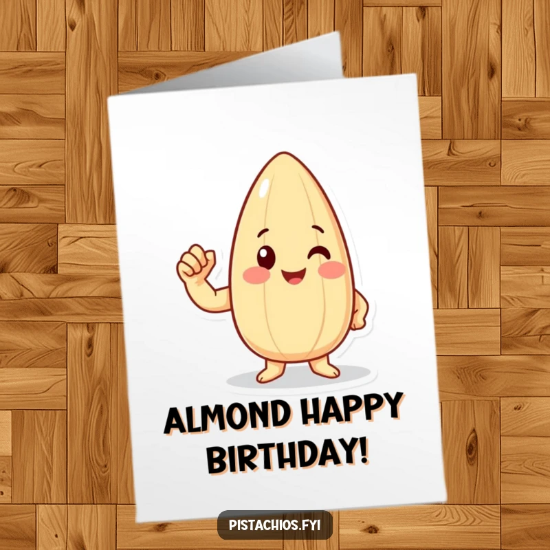 Funny Free Printable Birthday Card: Happy almond character flexing bicep, strong birthday wishes, print at home.