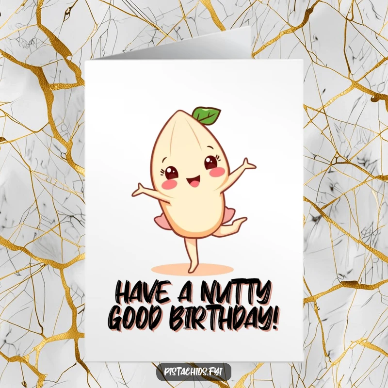 Funny Free Printable Birthday Card: Happy almond character in a graceful pirouette. A charming downloadable gift for birthdays.