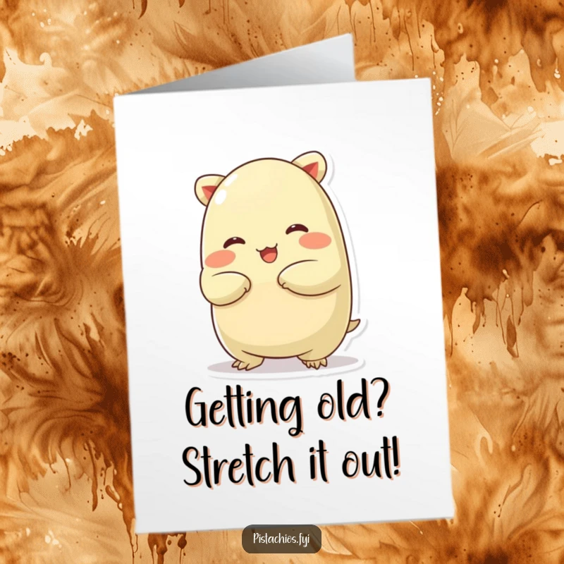 Funny Free Printable Birthday Card: A chubby pistachio character humorously stretching, looking a bit cozy and playful, ideal for a lighthearted wish.