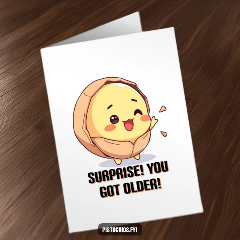 Funny Free Printable Birthday Card: A pistachio bursting open with sheer delight and surprise, wishing happy birthday.