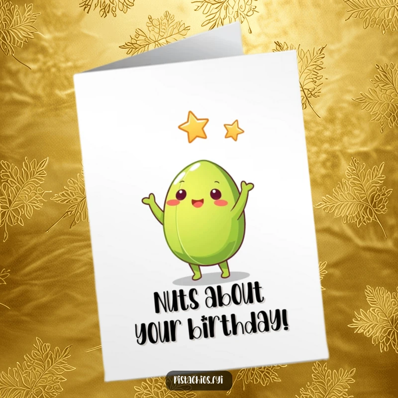 Funny Free Printable Birthday Card: Green pistachio nut with arms reaching for a golden star, celebrating wishes.
