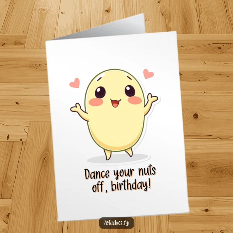 Funny Free Printable Birthday Card: A jubilant pistachio doing a happy dance, spreading laughs and good vibes.