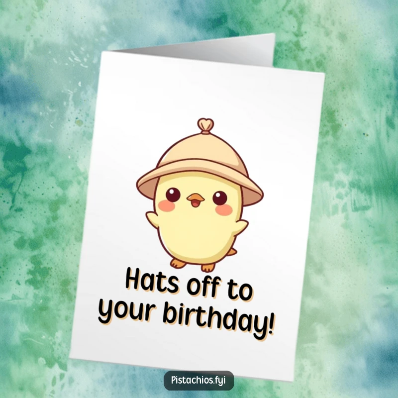 Funny Free Printable Birthday Card: A pistachio character sporting a tiny, jaunty hat, ready to wish someone a happy birthday.