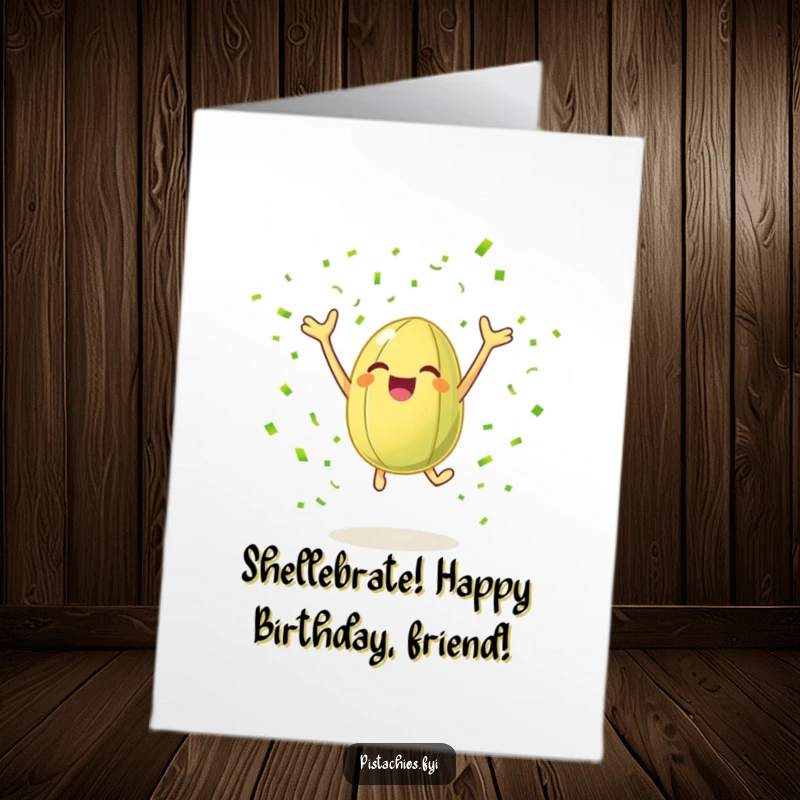 Funny Free Printable birthday card with a cheerful pistachio nut leaping with joy, surrounded by a shower of green confetti.