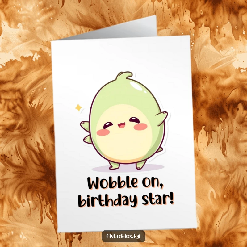 Funny Free Printable Birthday Card: A wobbly pistachio character doing a playful wobble, looking endearingly unsteady and ready to celebrate.