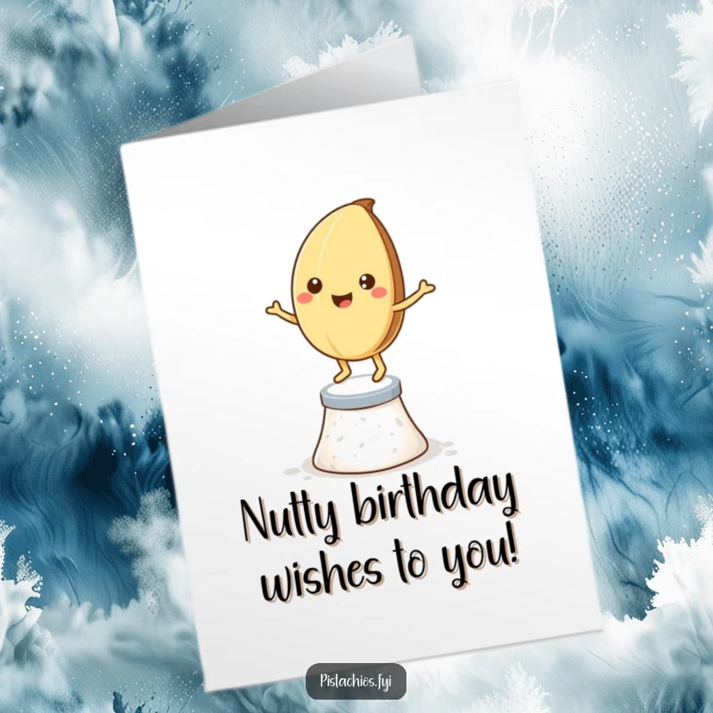 Funny Free Printable Birthday Card: a smiling pistachio nut joyfully dancing on a salt crystal pedestal, a nutty celebration.