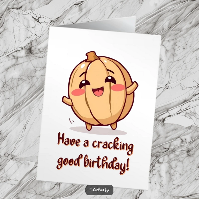 Free printable birthday card: A giggling walnut character hilariously rolls around with pure glee, spreading joy.
