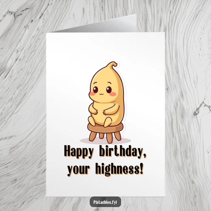 Funny Free Printable Birthday Card: A contented Brazil nut character sitting regally on a small stool, exuding calm confidence.