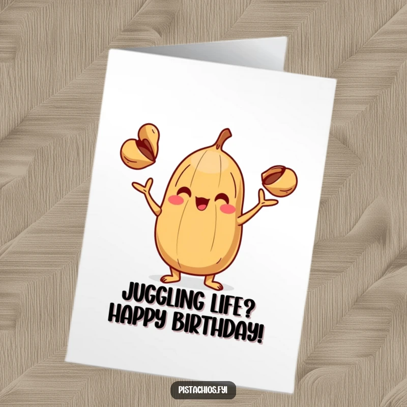 Funny Free Printable Birthday Card: A playful nut character skillfully juggling three tiny shells, a humorous downloadable gift.