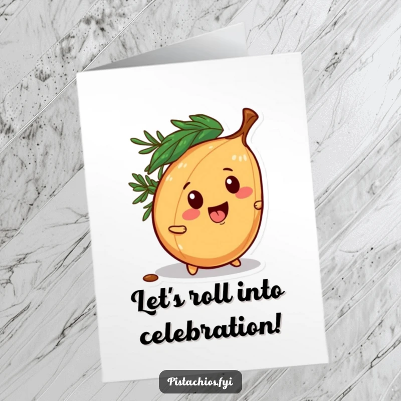 Funny Free Printable Birthday Card: A mischievous pine nut character playfully trying to roll away, full of cheeky energy.