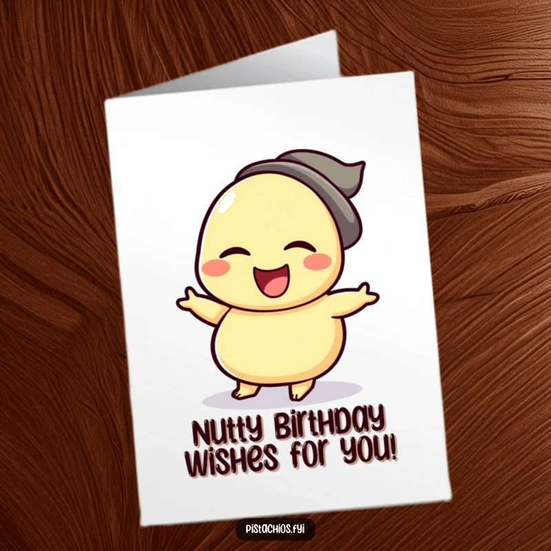 Funny Free Printable Birthday Card: Winking cashew nut character performing a joyful jig, ready to party. A downloadable delight for birthdays.