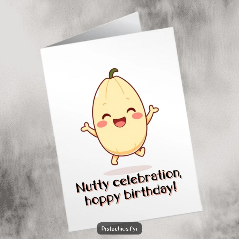 Funny Free Printable Pistachio Birthday Card showing a happy pistachio character joyfully hopping, wishing a wonderful birthday.