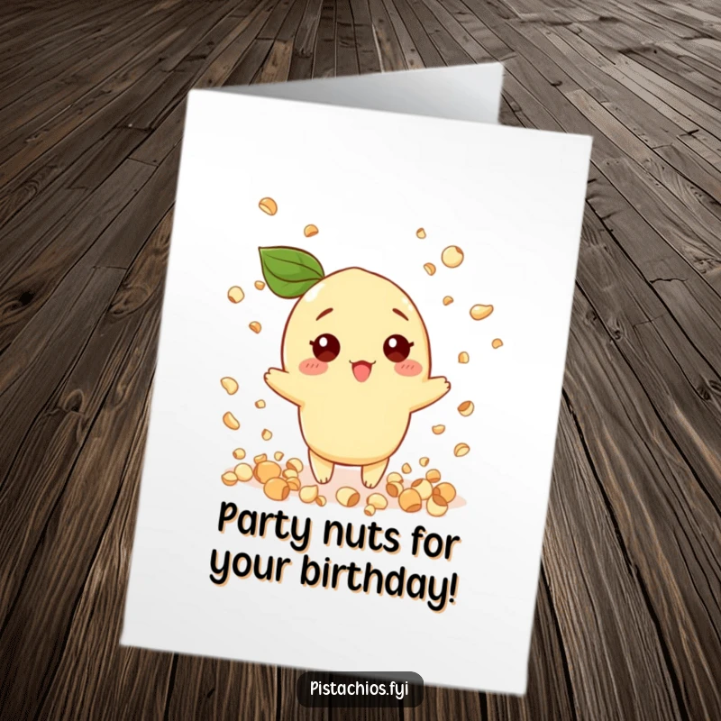 Funny Free Printable Birthday Card: A pistachio character joyfully throws confetti shaped like little nuts.