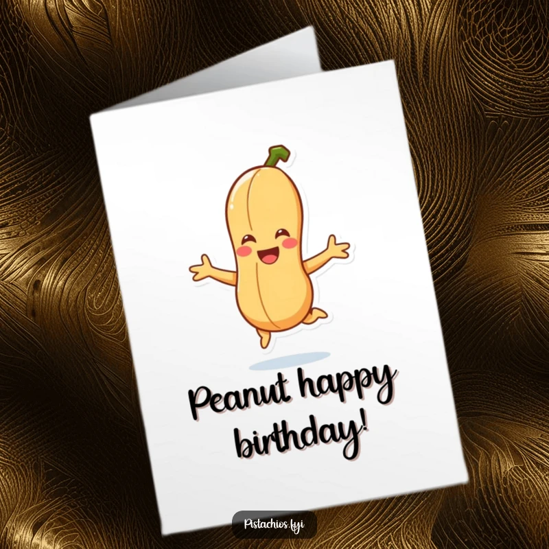Funny Free Printable Birthday Card: Smiling peanut character doing a joyful jump, happy birthday, print at home.