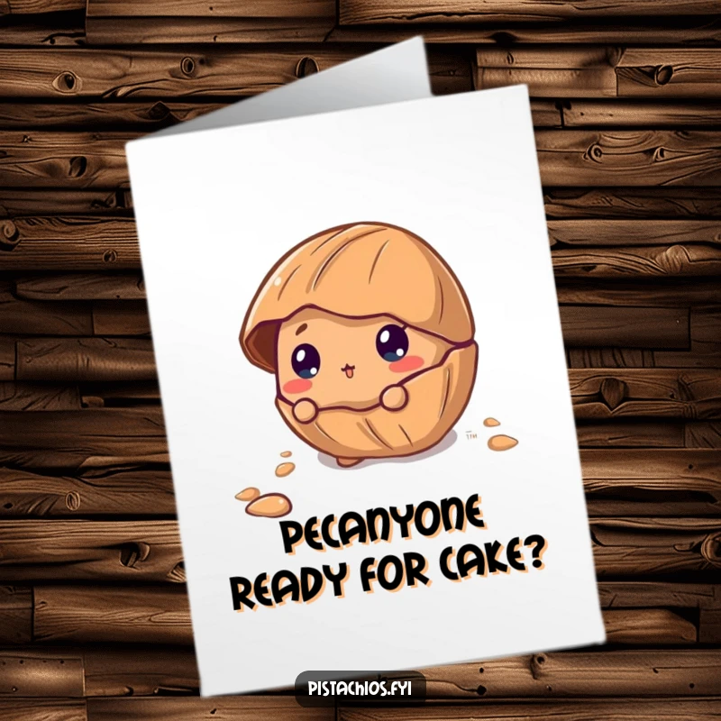 Funny Free Printable Birthday Card: A curious pecan character peeking out from its cracked shell, with wide eyes full of wonder.