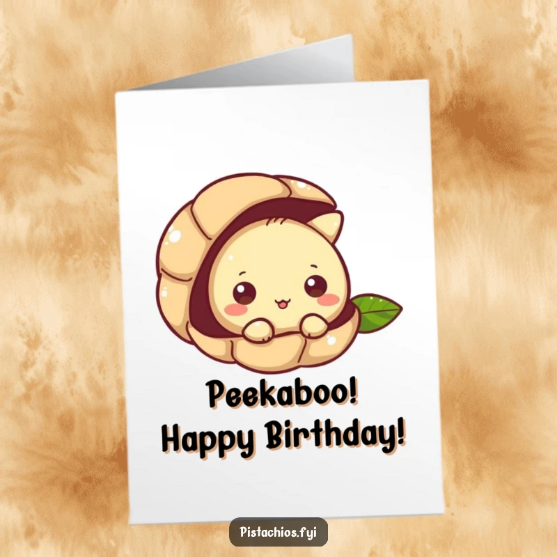 Funny Free Printable Birthday Card: A curious pistachio character peeking out from its shell, looking ready for birthday fun.