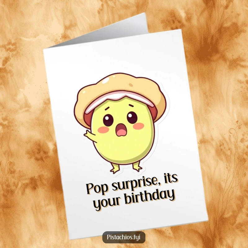 Funny Free Printable birthday card: A surprised pistachio character pops open with delight, showering confetti for a birthday wish.