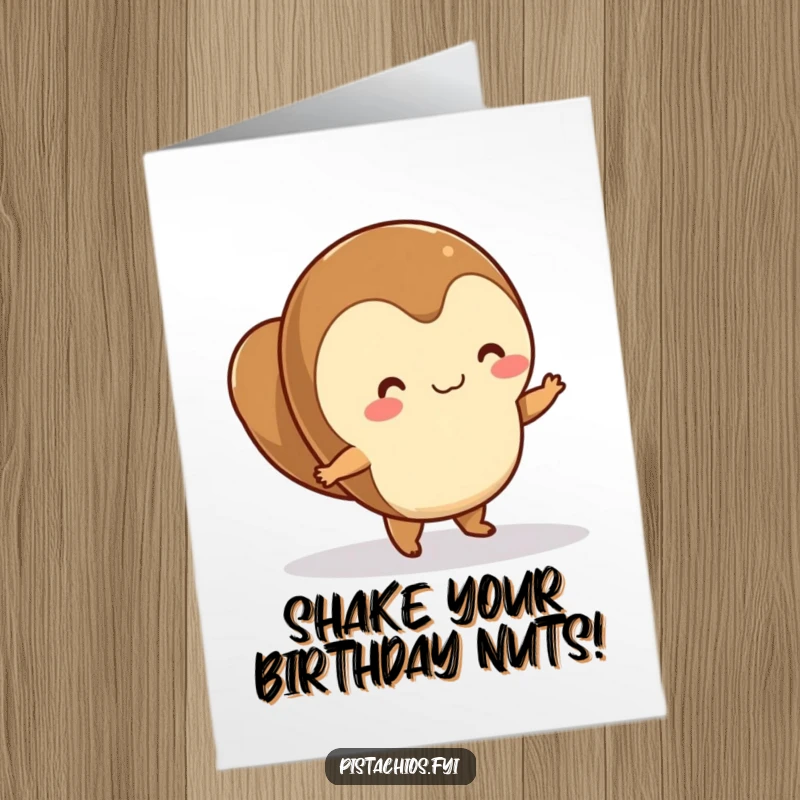 Funny Free Printable Birthday Card: A joyful hazelnut does a happy little dance on a smooth, polished surface.