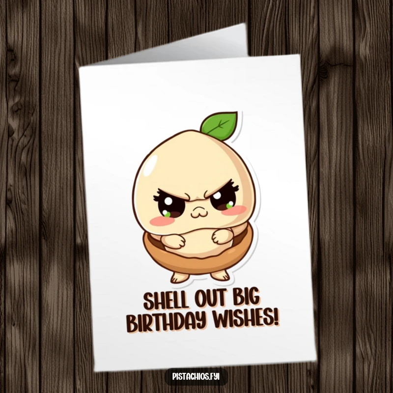 Funny Free Printable Birthday Card: Playful macadamia nut character acting tough inside a small shell. A downloadable birthday surprise.