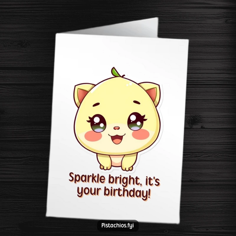 Funny Free Printable Birthday Card: A delighted pistachio character with bright, sparkling eyes radiating pure joy and excitement.