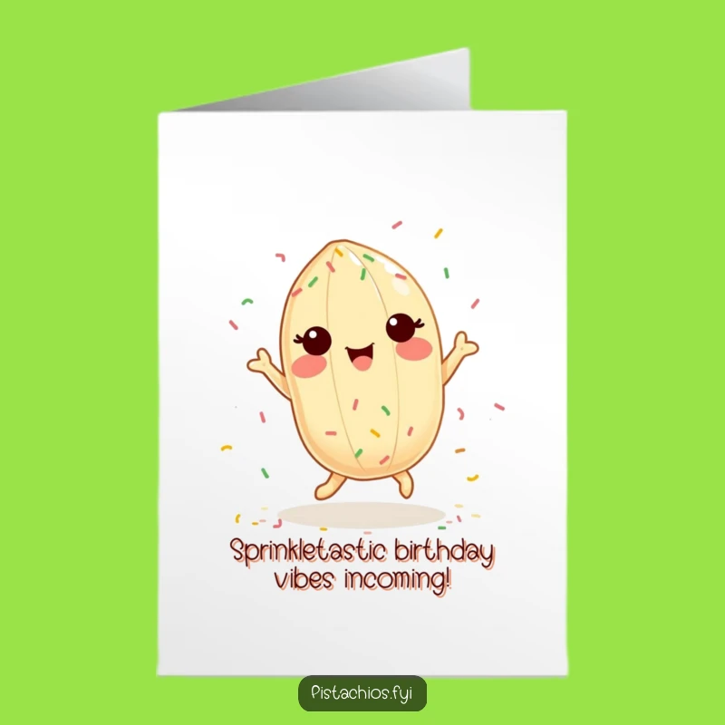 Free Printable Birthday Card: Dancing Pistachio with Sprinkles, Funny Downloadable Greeting