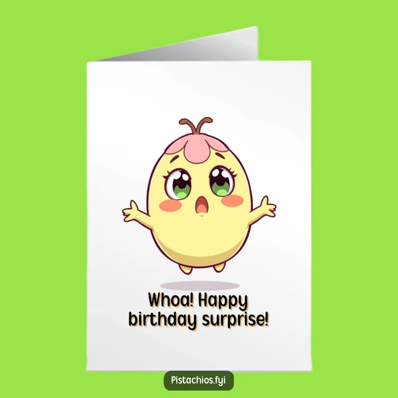 Free Printable Birthday Card: Surprised Pistachio Leaps, Funny Downloadable Gift Surprise