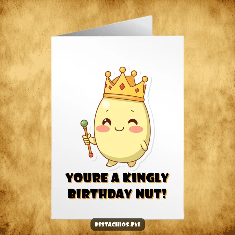 Funny Free Printable Birthday Card: A smiling pistachio proudly wears a tiny crown and holds a miniature scepter.