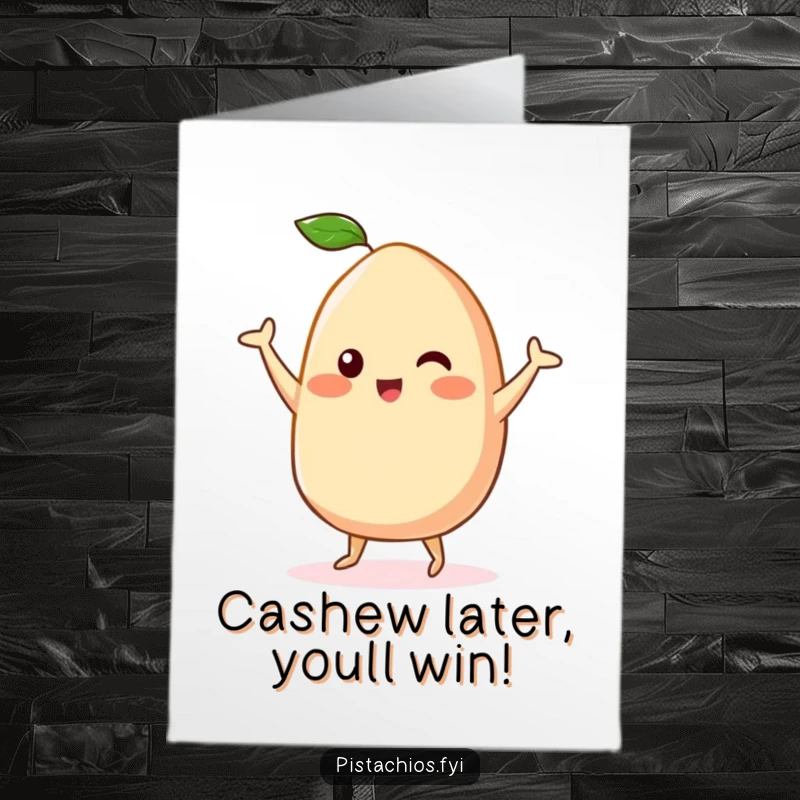 Funny Free Printable Congrats Card: Kawaii Cashew doing a happy dance, celebrating achievements, perfect for DIY gifts.