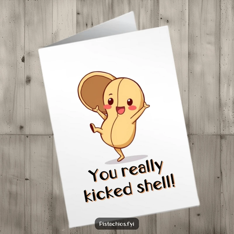 Funny Free Printable Congratulations Card: A playful peanut character doing a cartwheel with its shell open, celebrating a grand achievement.