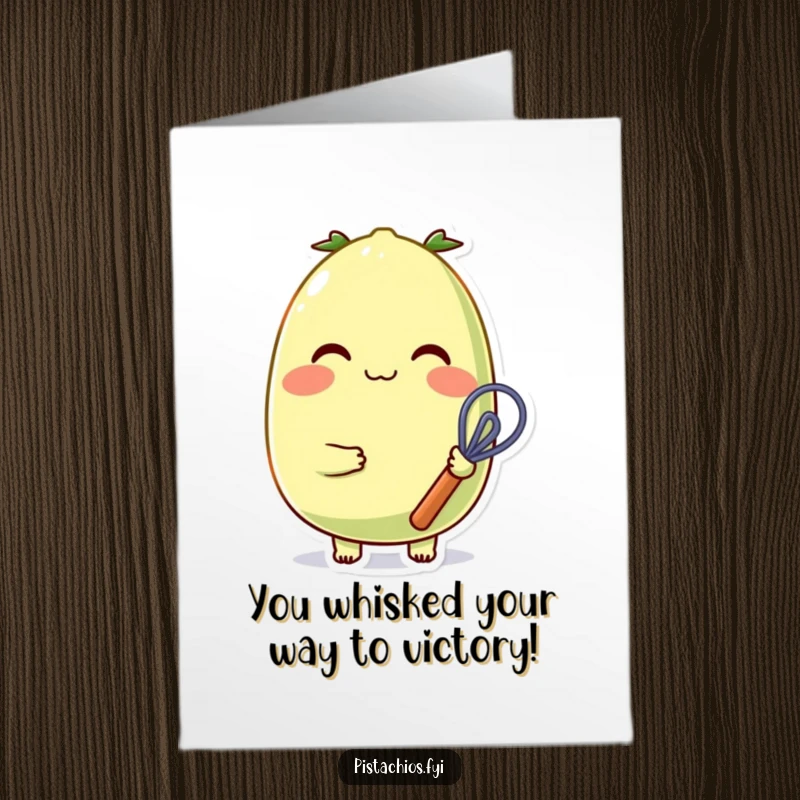 Funny Free Printable Congratulations Card: A happy pistachio with rosy cheeks cheerfully holds a small whisk, celebrating a sweet success.