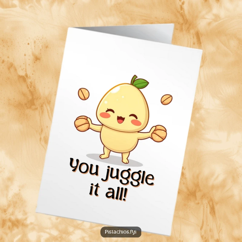 Funny Free Printable Congratulations Card: A delighted pistachio tossing its shells in a celebratory juggling act.
