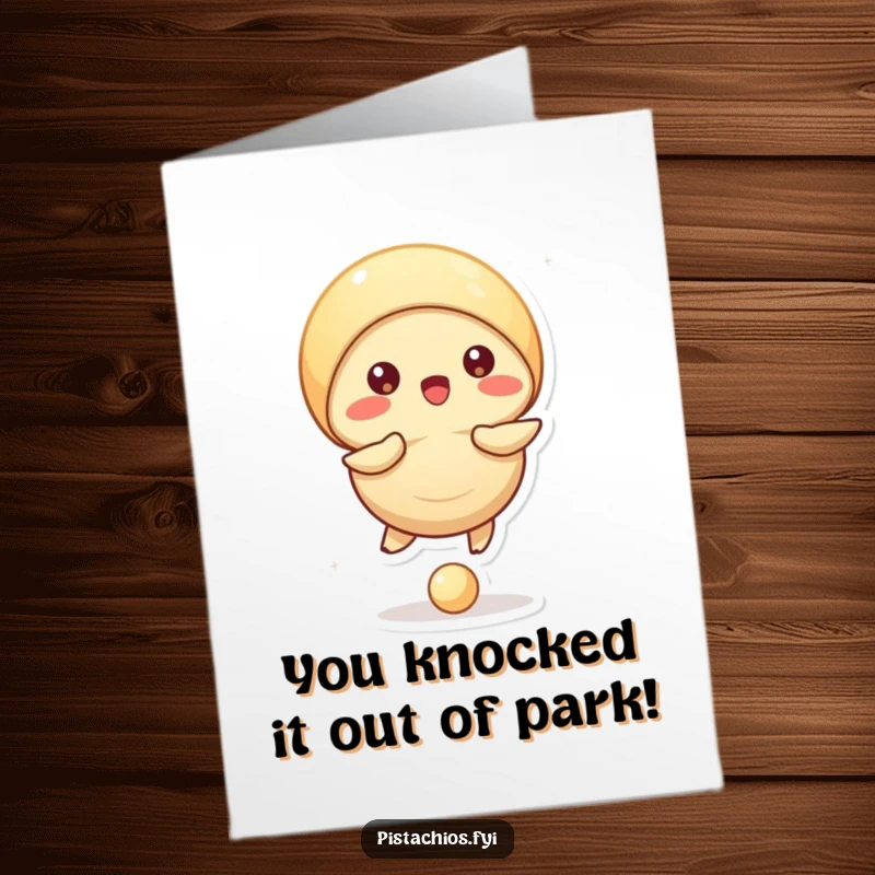 Funny Free Printable Congratulations Card: A pistachio character joyfully bounces a tiny ball with its shell, a playful win.