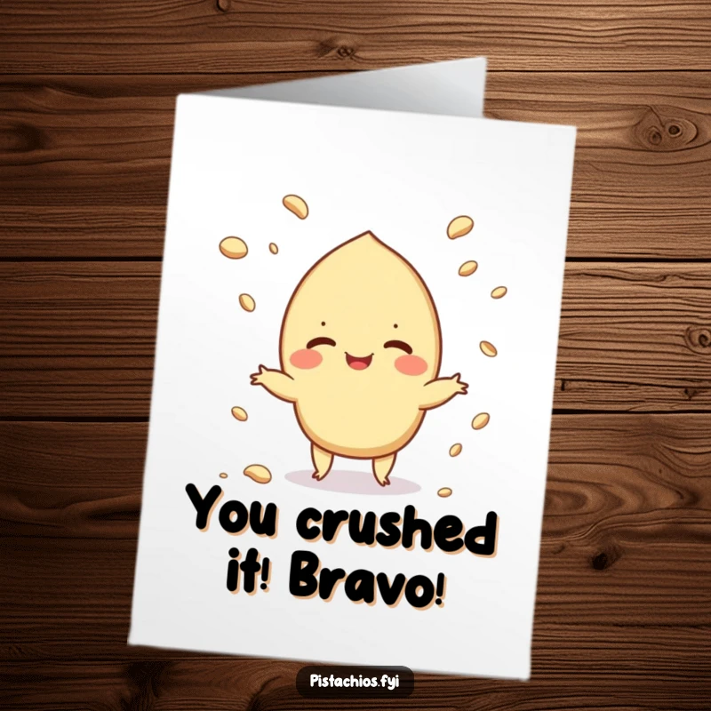 Funny Free Printable Congratulations card with a giggling pistachio character juggling small crumbs, showing off.