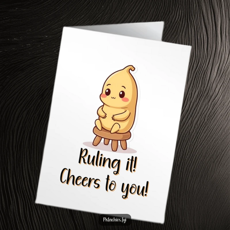Funny Free Printable Congratulations Card: A contented Brazil nut character sitting regally on a small stool, looking proud and accomplished.