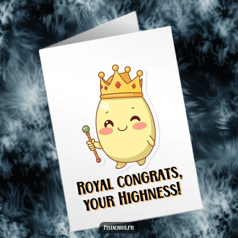 Funny Free Printable Congratulations Card: A smiling pistachio, adorned with a crown, holds a tiny scepter in regal splendor.