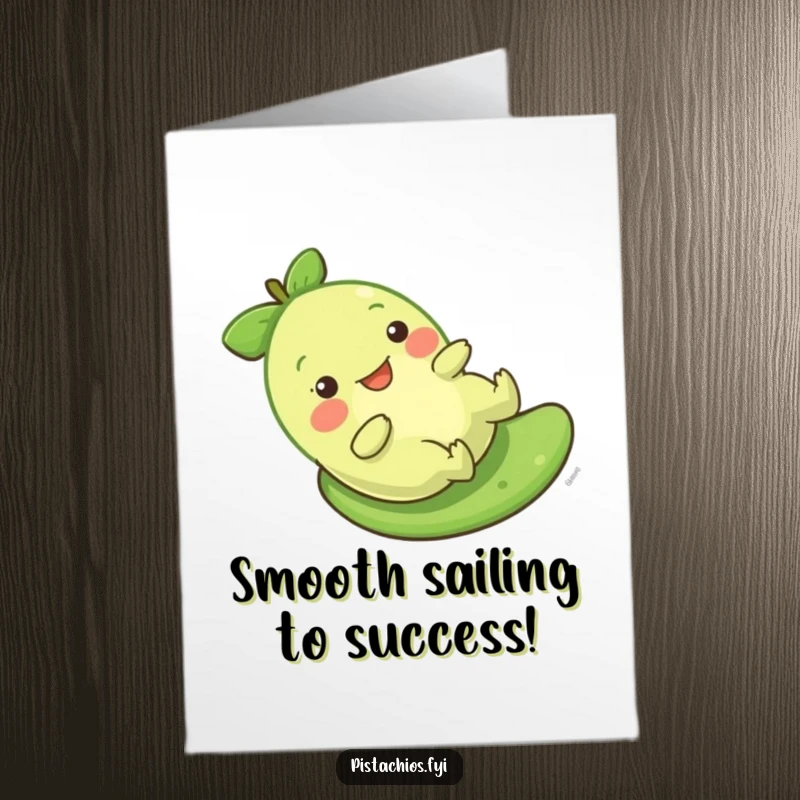 Free Printable Congratulations Card: A pistachio character gleefully sliding down a green slope, signifying effortless achievement.