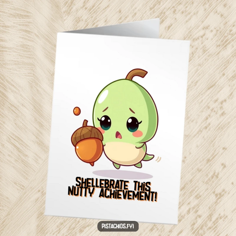 Funny Free Printable Congratulations Card: A startled pistachio character narrowly dodges a falling acorn, a humorous way to celebrate.