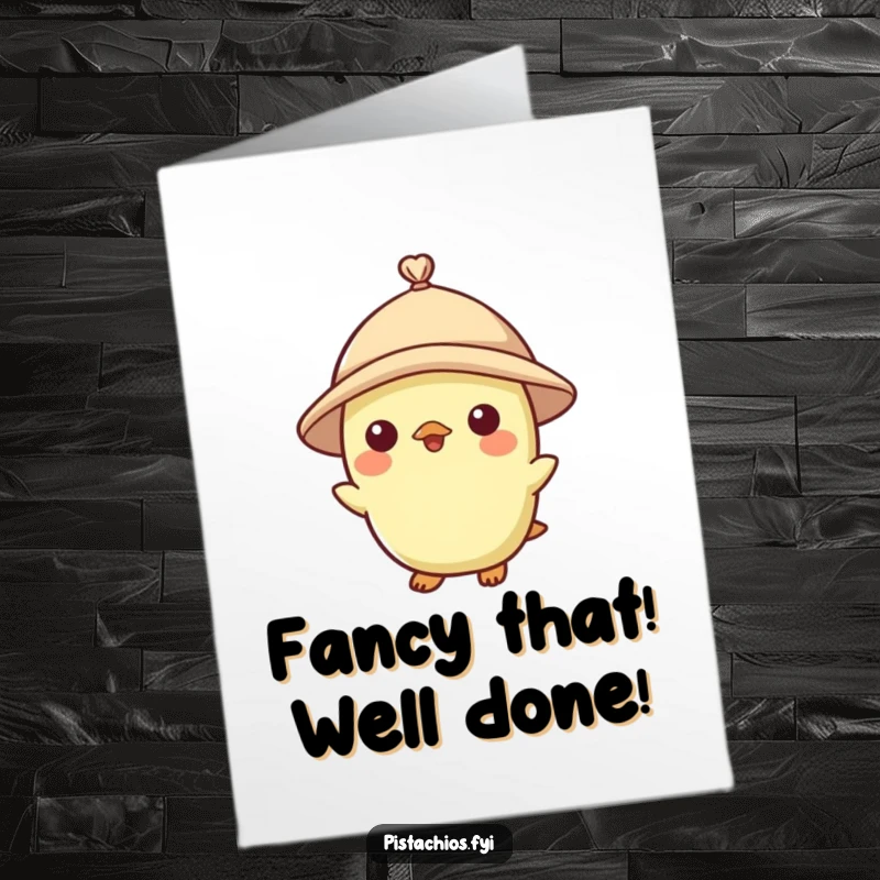 Funny Free Printable Congratulations Card: A pistachio character looking sharp in a small hat, celebrating a special occasion with flair.