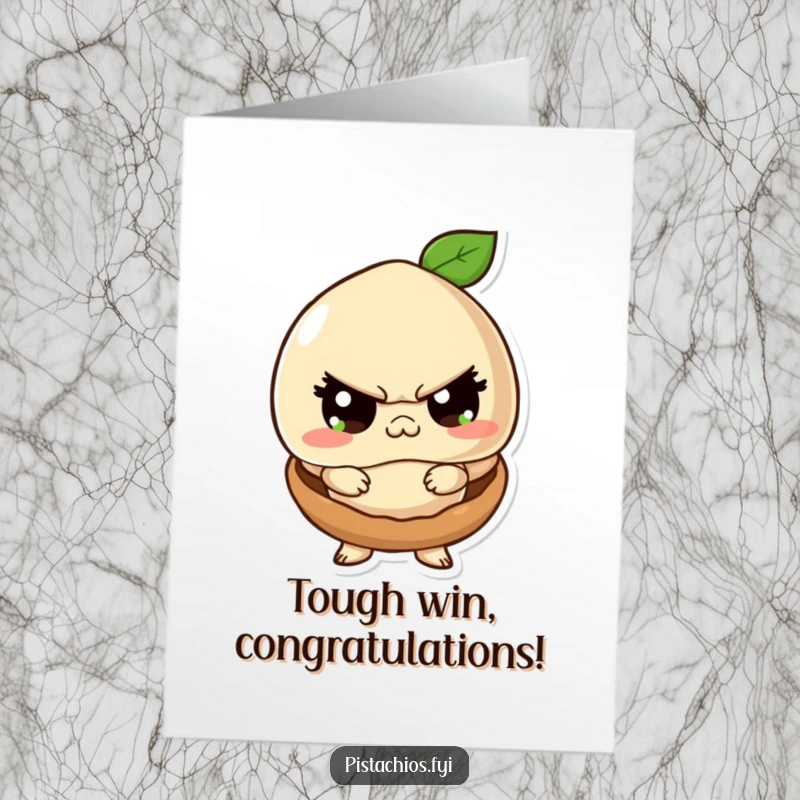 Funny Free Printable Congratulations Card: Playful macadamia nut character pretending to be tough within its shell. Humorous downloadable for success.