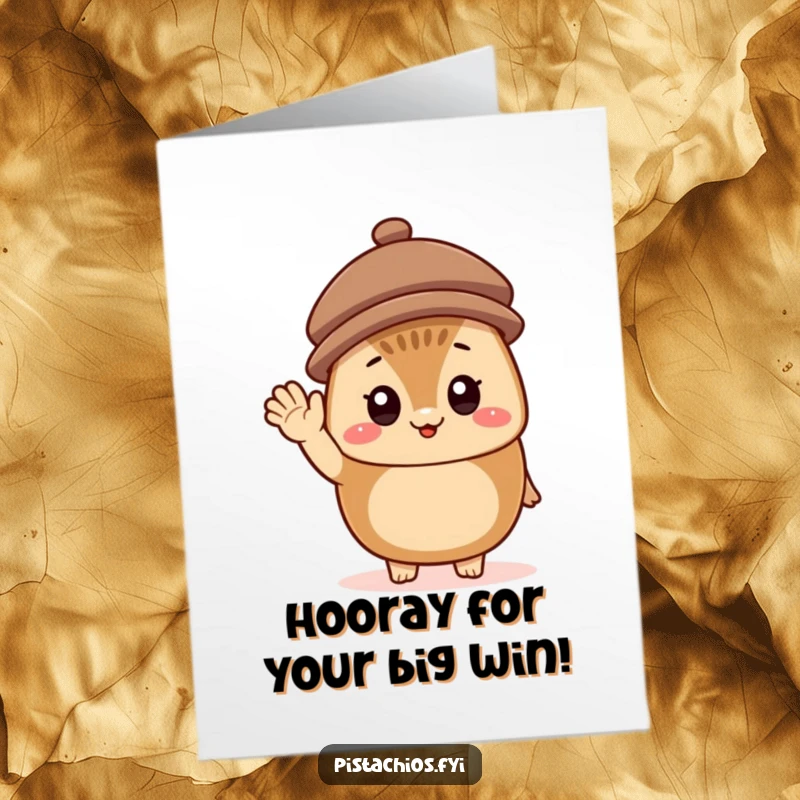 Funny Free Printable Congratulations Card: A cheerful hazelnut character wearing a tiny hat and waving, celebrating a fantastic achievement.