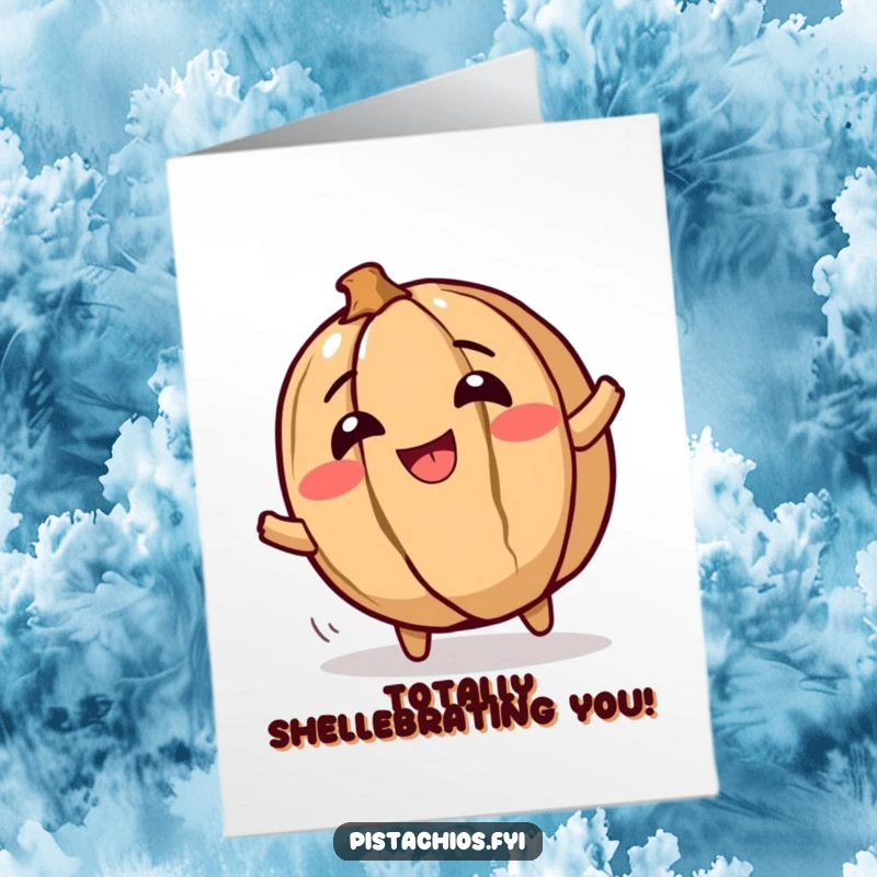Free printable congratulations card: A giggling walnut character rolls around with glee, symbolizing pure, unadulterated happiness.