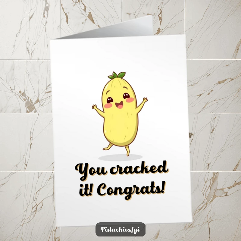 Funny free printable congratulations card showing a happy pistachio character doing a joyful, silly jig to celebrate.