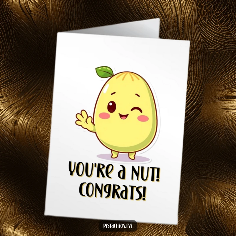 Funny Free Printable Congratulations Card showing a friendly pistachio character waving hello, celebrating success with nutty humor.